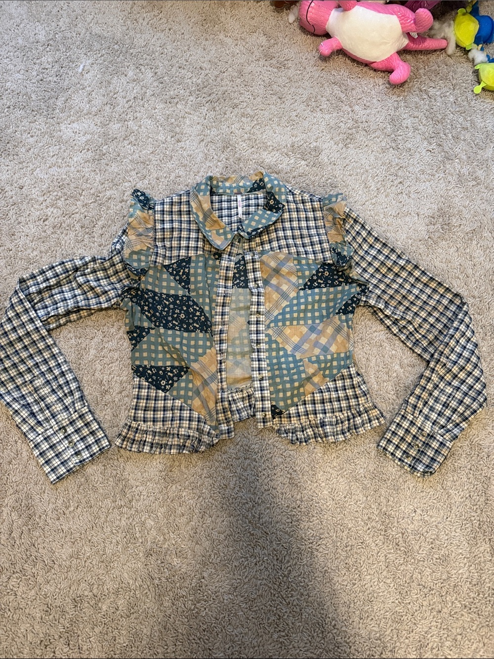 Free People Patchwork Plaid Ruffle Hem Cropped Blouse in Blue and Tan